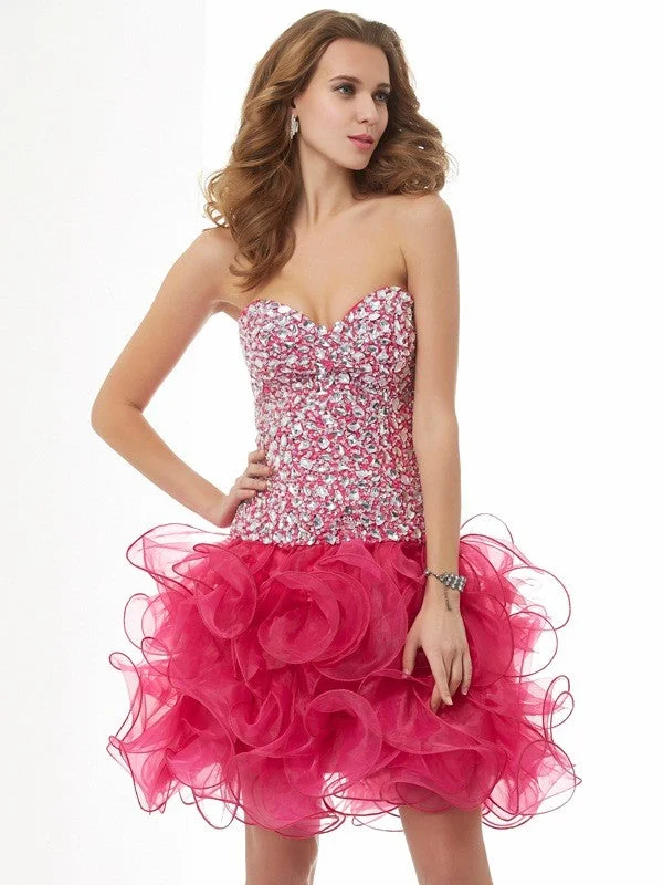 minimalist party dressesSheath/Column Sweetheart Sleeveless Beading Short Organza Homecoming Dresses