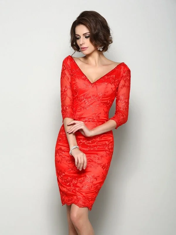 intricate wedding dressesSheath/Column V-neck Lace 1/2 Sleeves Short Lace Mother of the Bride Dresses