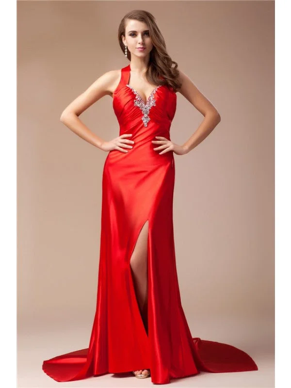 maxi dresses with embroidered patternsSheath/Column V-neck Sleeveless Long  Woven Satin Dresses