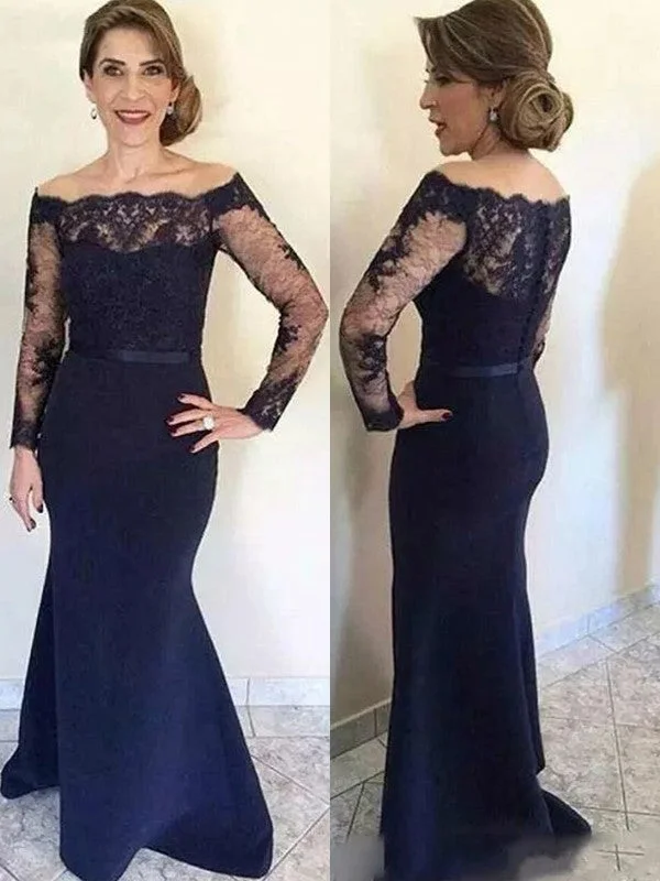 high-low wedding dressesTrumpet/Mermaid Stretch Crepe Lace Off-the-Shoulder Long Sleeves Floor-Length Mother of the Bride Dresses