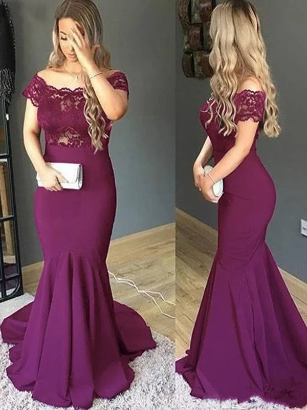 empire waist wedding dressesTrumpet/Mermaid Stretch Crepe Lace Off-the-Shoulder Short Sleeves Sweep/Brush Train Mother of the Bride Dresses