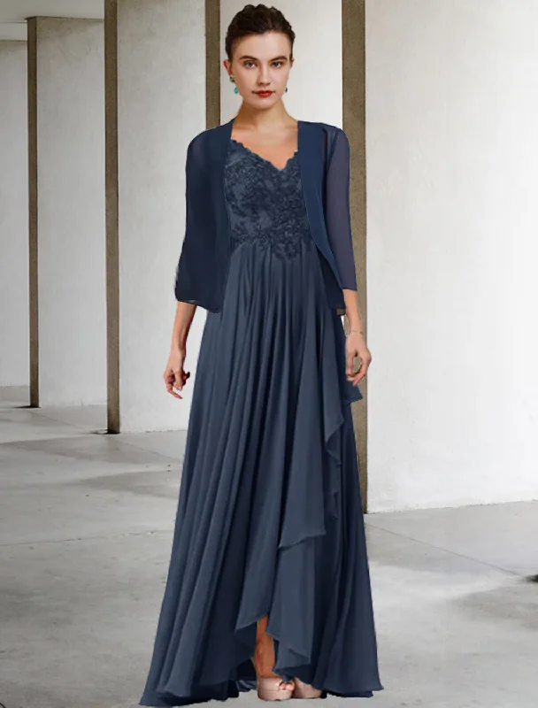 luxury wedding dressesTwo Piece A-Line Mother of the Bride Dress Plus Size Elegant High Low V Neck Asymmetrical Floor Length Chiffon Lace Half Sleeve Wrap Included Jacket Dresses with Pleats Appliques