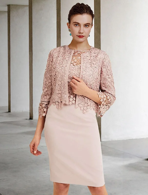 cap sleeve wedding dressesTwo Piece Sheath / Column Mother of the Bride Dress Church Elegant Jewel Neck Knee Length Chiffon Lace Short Sleeve Short Jacket Dresses with Ruffles Appliques