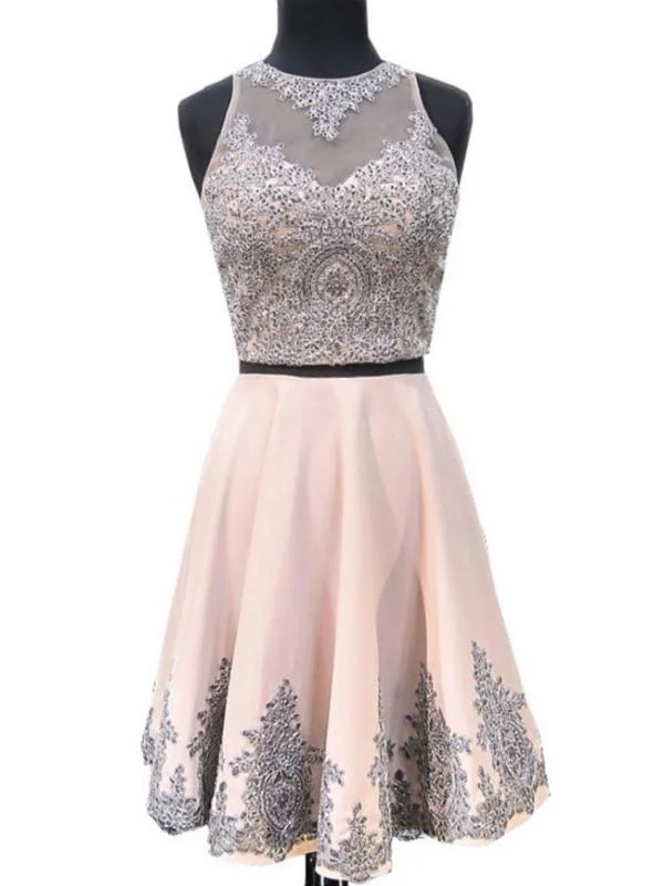 halter-neck party dressesTwo Pieces Halter Dusty Pink Short Cheap Homecoming Dresses 2018, CM421