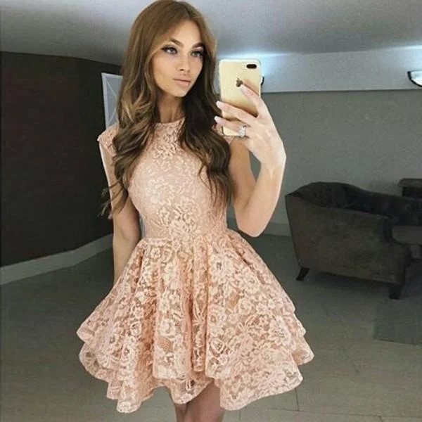 asymmetrical party dressesA-Line Bateau  Blush Full Lace Junior Cheap Short Cute Homecoming Dresses, BD0240