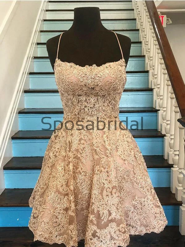 prom party dressesA-Line Champagne Lace Modest Unique Homecoming Dresses BD0423