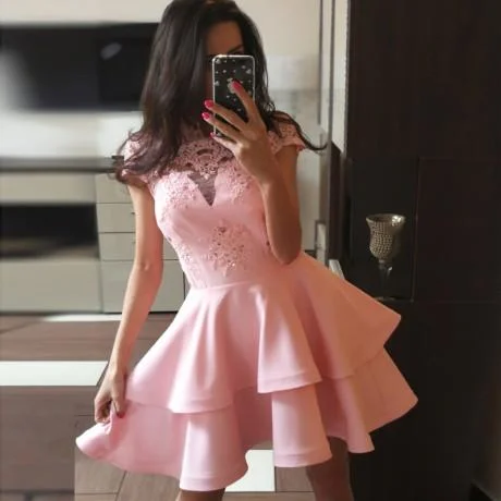 lace-up party dressesA-Line Cute Cheap Cap Sleeves Short Pink Junior Modest Homecoming Dresses, BD0241