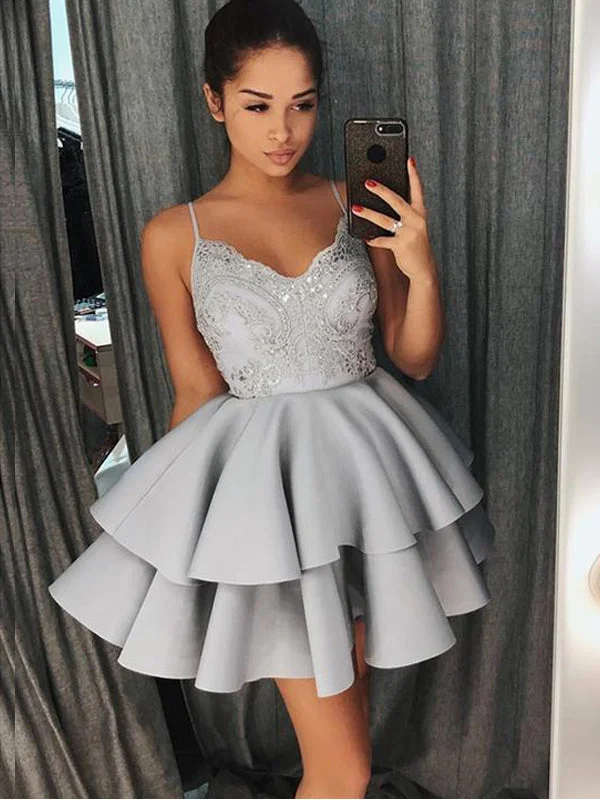 lace party dressesGray Spaghetti Strap V-neck A-line Lace Short Homecoming Dresses, BD0424