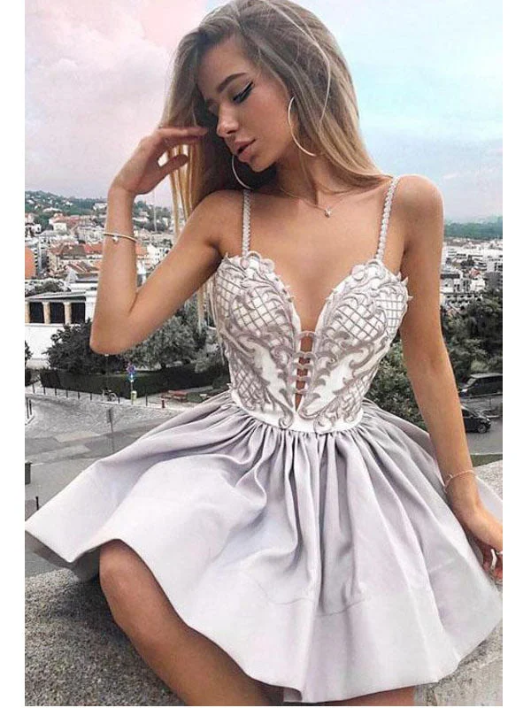 maxi party dressesSexy A-line Gray Spaghetti Strap Lace Backless Cheap Short Homecoming Dresses, BD0425