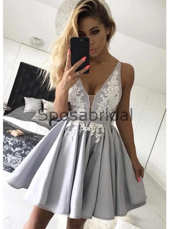 clubwear party dressesA-line Gray Spaghetti Straps V-Neck Popular Homecoming Dresses BD0426