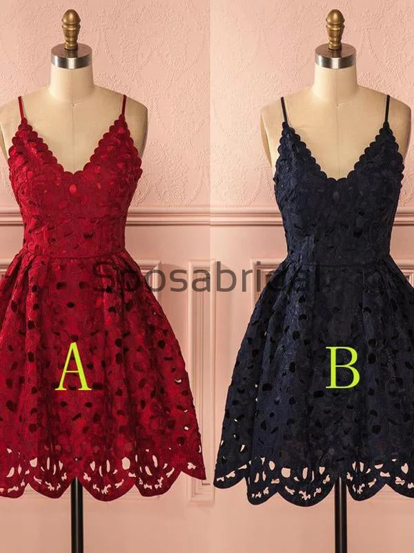 body-skimming party dressesA-line Red Navy Blue Spaghetti Straps Lace Short Homecoming Dresses BD0432