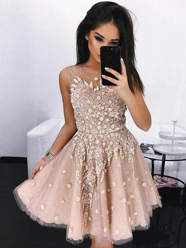 plus-size friendly party dressesDusty Pink A-line Lace Tulle Unique Short Homecoming Dresses, BD0434