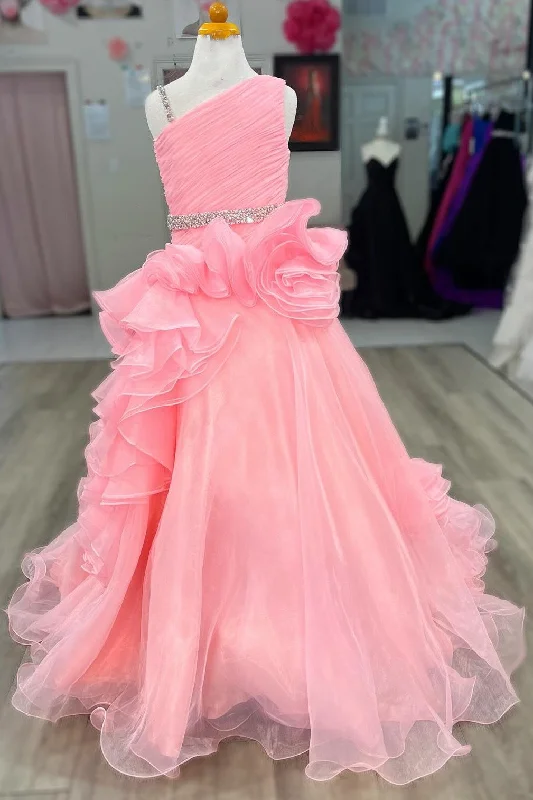 maxi dresses with mermaid silhouettesAsymmetrical Beaded Ruffle Long Girl Pageant Dress in Pink