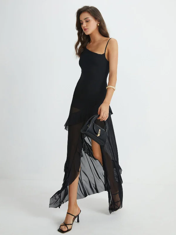 solid color maxi dressesAsymmetrical Ruffle Net Long Dress