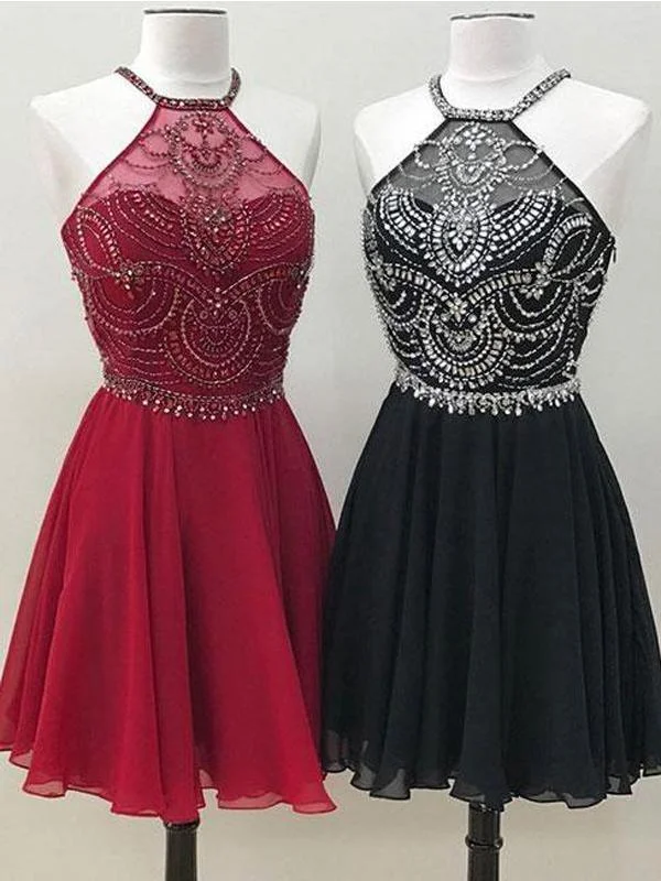 sweetheart-neck party dressesBlack Red Organza Halter Beaded Cheap A-line Short Homecoming Dresses, CM598