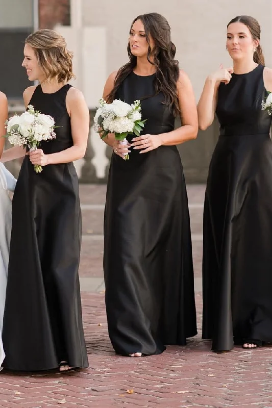 maxi dresses with appliquésBlack Round Neck Cutout Back A-Line Long Dress