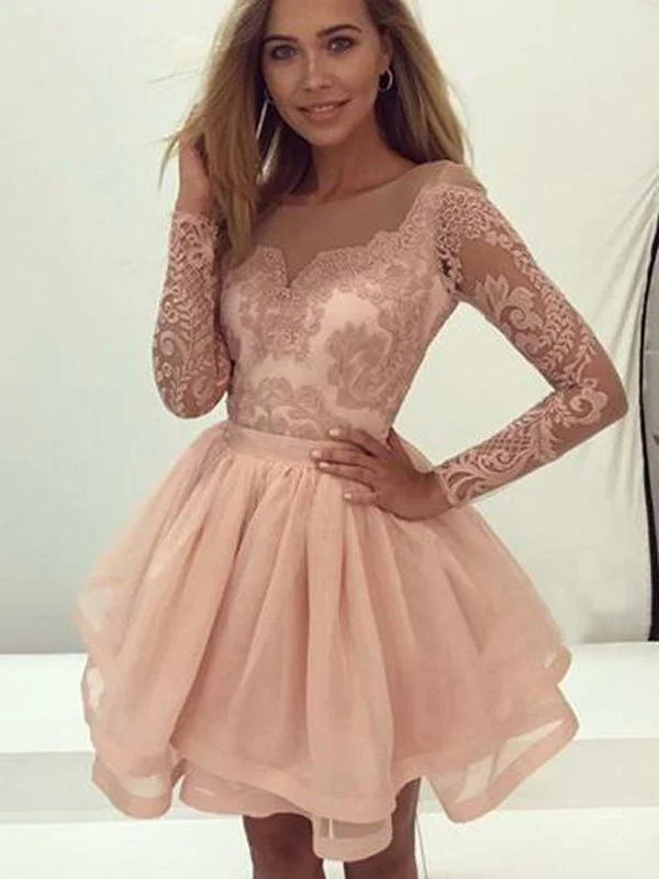 figure-flattering party dressesCharming Lace Long Sleeves Illusion Short Cheap Homecoming Dresses 2018, CM545