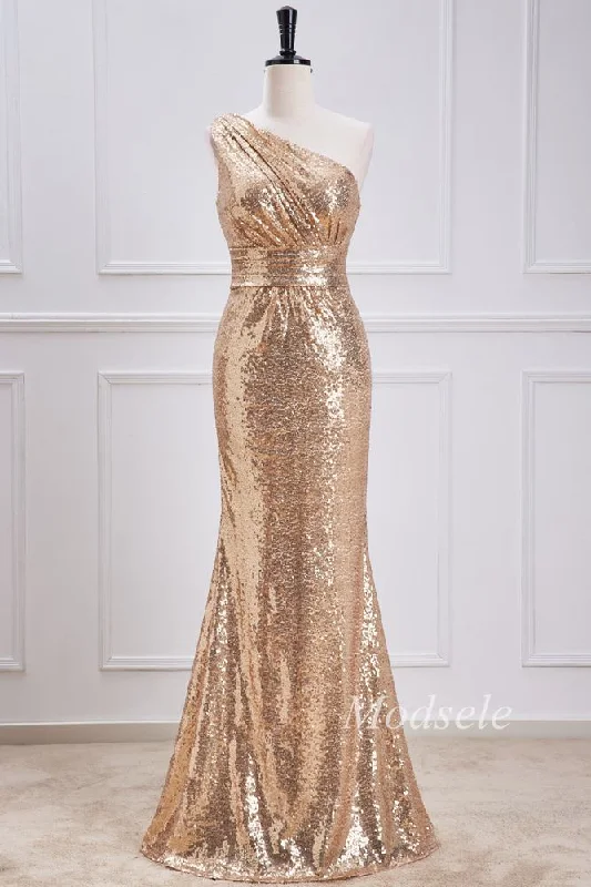 maxi dresses with back pocketsChampagne Sequin One-Shoulder Mermaid Long Dress