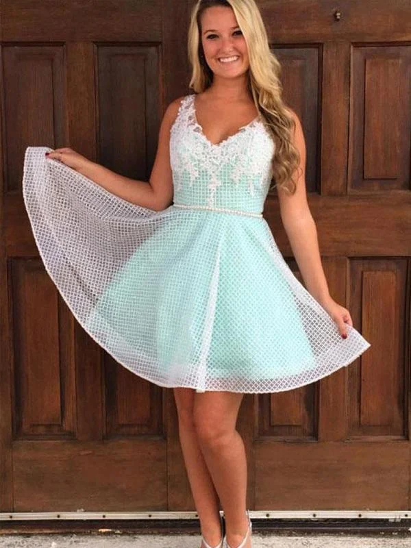 off-the-shoulder party dressesCheap Simple Cute V Neck Mint Homecoming Dresses, CM494