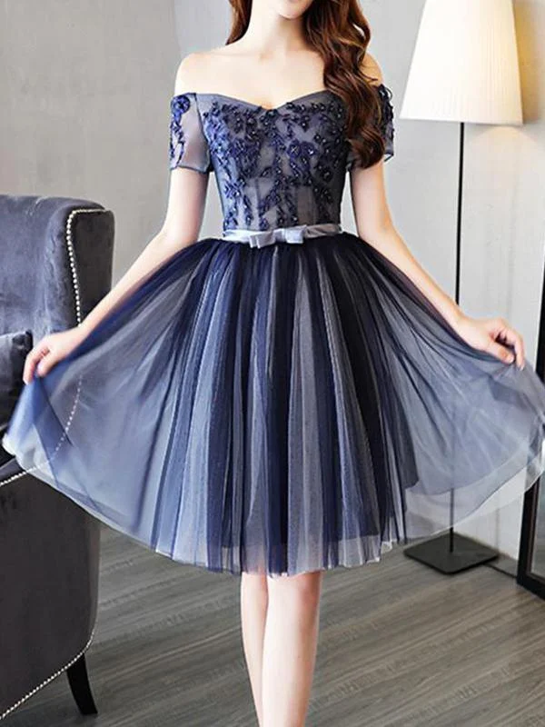 flashy party dressesCheap Off Shoulder Short Sleeve Navy Homecoming Dresses 2018, CM456