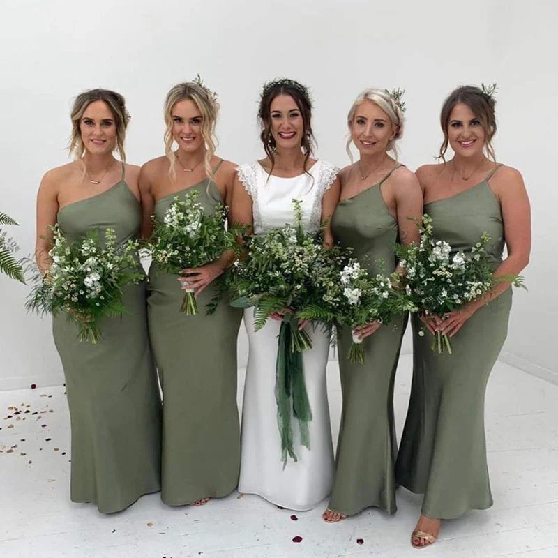 wedding dress inspirationSexy One-shoulder Spaghetti Strap Sage Green Cheap Mermaid Long Bridesmiad Dresses, WG761