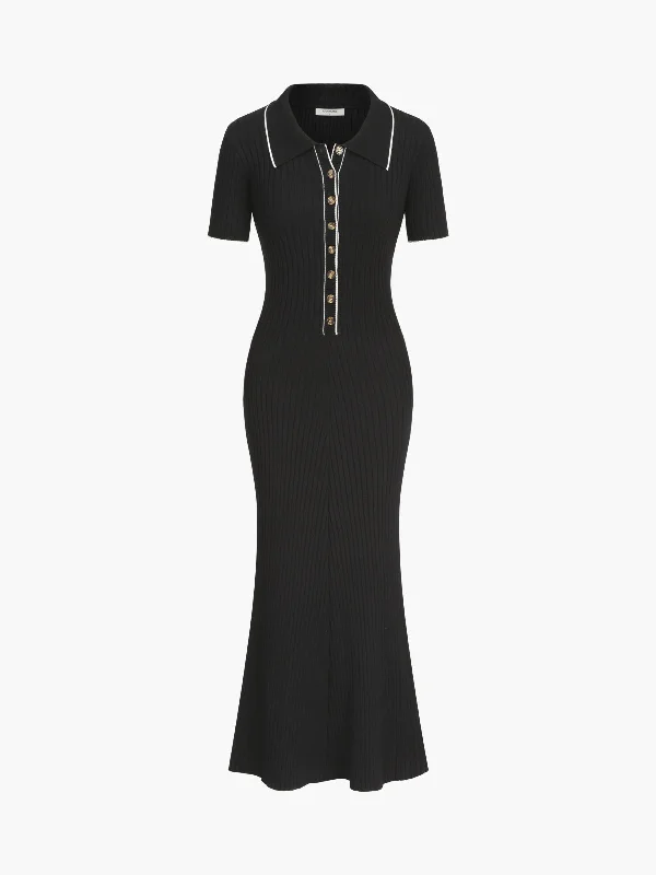 maxi dresses with buttonsContrast Trim Polo Long Knit Dress