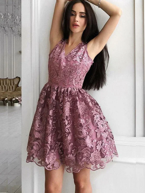 lace-up party dressesElegant Sleeveless Mulberry Purple Floral Lace V-neck A-line Tulle Short Homecoming Dress, HD3045