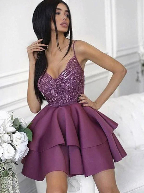 stretchy party dressesElegant Fuchsia Purple Lace Top Spaghetti Strap V-neck A-line Short Homecoming Dress, HD3039