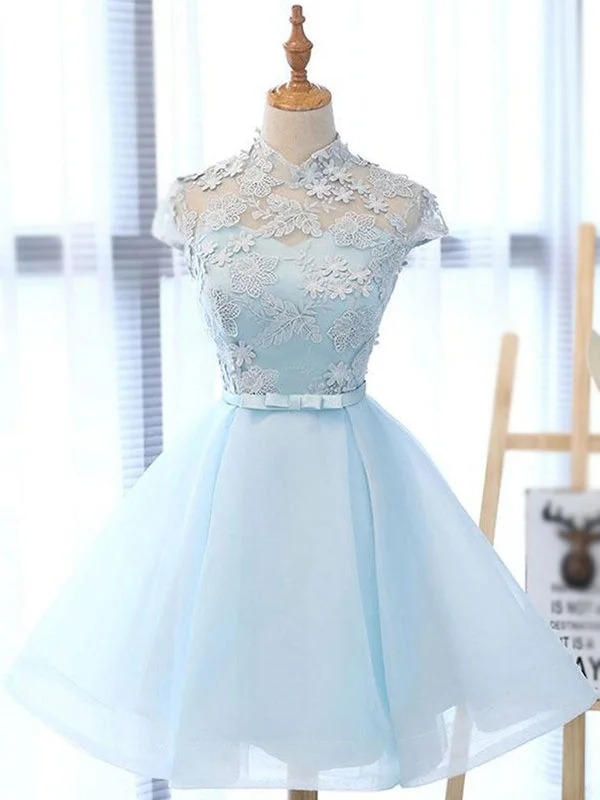 sustainable party dressesElegant Baby Blue Illusion Lace Short Sleeve A-line Short Homecoming Dress, HD3040