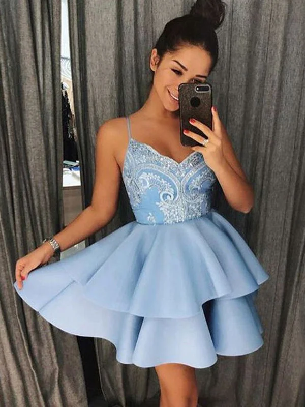 neon party dressesCute Baby Blue Spaghetti Strap V-neck A-line Short Homecoming Dress, HD3038