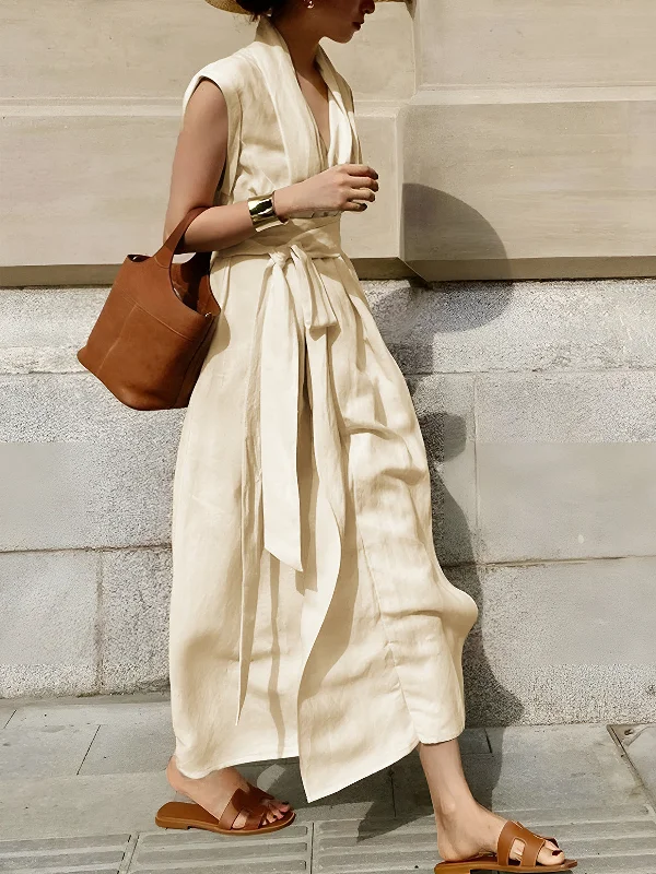 maxi dresses for day-to-night wearCotton & Linen Belted Sleeveless Long Dress