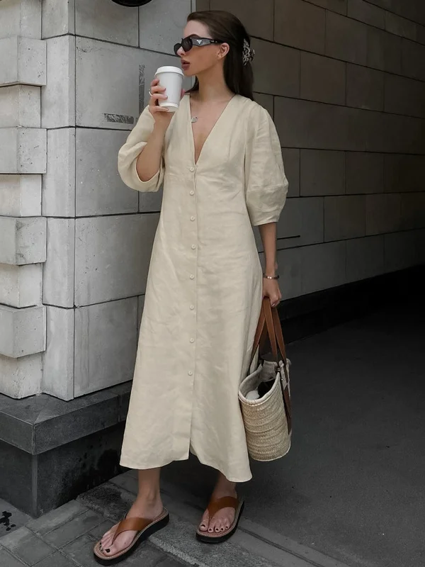 maxi dresses under $50Cotton & Linen Button-Front Knotted Long Dress