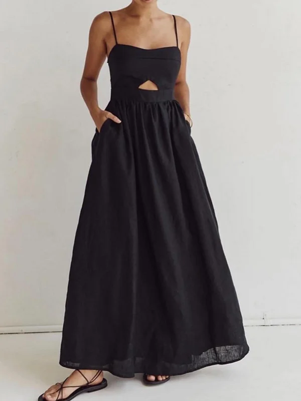 maxi dresses with lace overlaysCotton Sleeveless Pockets Cutout Long Dress