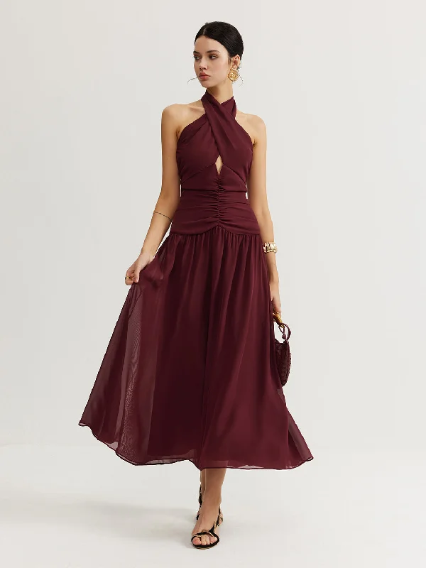 maxi dresses under $100Cross-Over Halter Pleated Long Dress