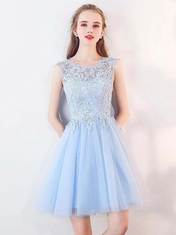 bold color party dressesCute Blue Illusion Lace Cheap Short Homecoming Dresses Online, CM537