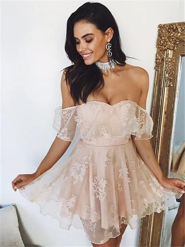 tall party dressesCute Lace Pink Off-shoulder Sweetheart A-line Short Homecoming Dress, CM540