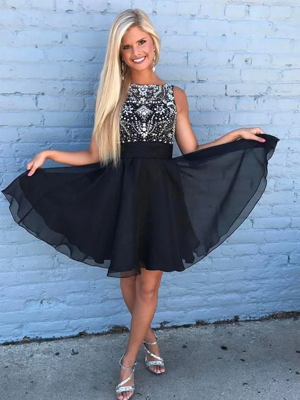 velvet party dressesCute Rhinestone Beaded Chiffon Short Black Homecoming Dresses, CM492