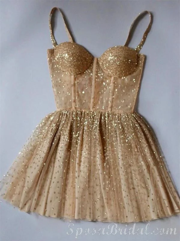 black-tie party dressesCute Sparkly Gold Pink Beaded Sweetheart A-line Homecoming Dresses, BD0412