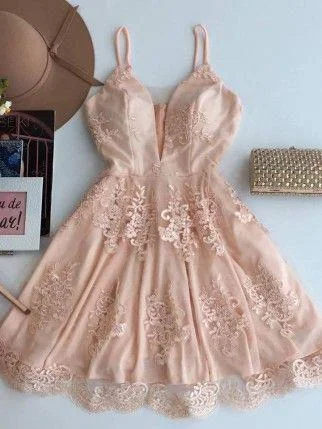 themed party dressesCute V Neck Lace Short Cheap Homecoming Dresses 2018, CM514