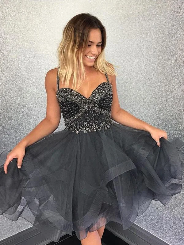 pool party dressesDark Grey Beaded Spahgetti Straps Short Cheap Homecoming Dresses Online, CM573