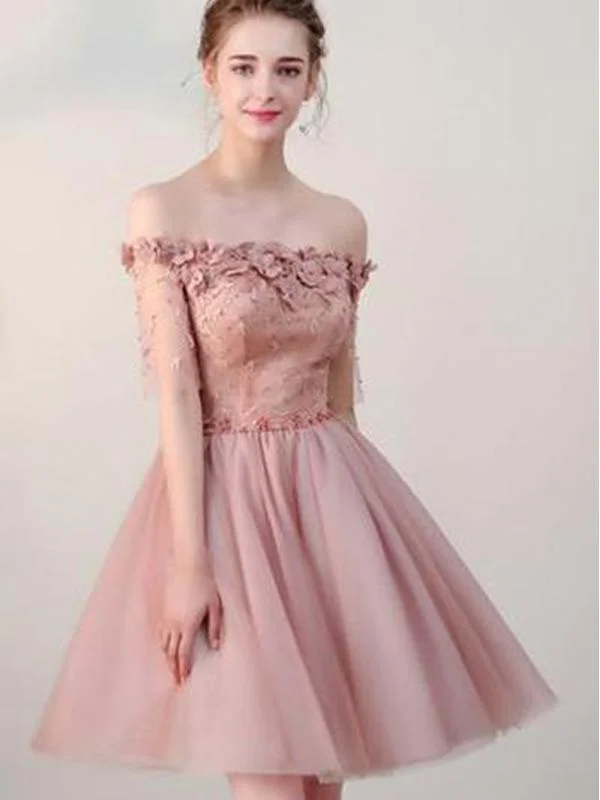 custom-made party dressesDusty Pink Off Shoulder Short Sleeves Cheap Homecoming Dresses 2018, CM546