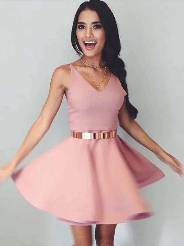 summer party dressesDusty Pink V Neck Simple Short Cheap Homecoming Dresses Under 100, CM577