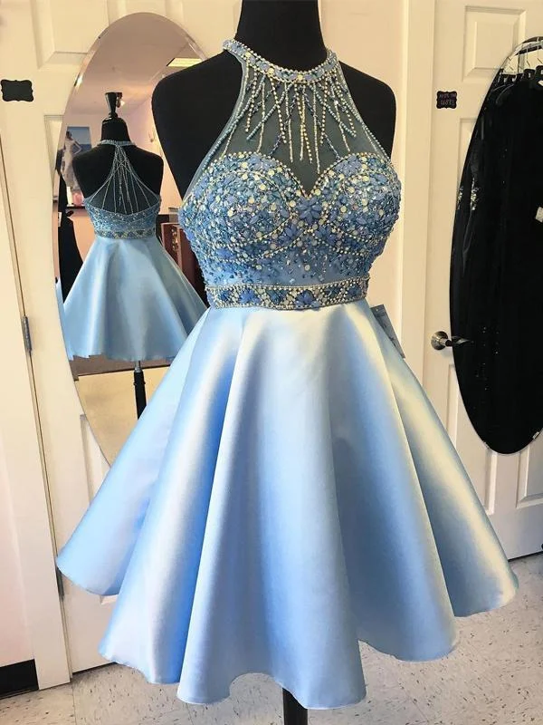 maximalist party dressesElegant Blue Halter Beaded Cheap Short Homecoming Dresses Online, CM597