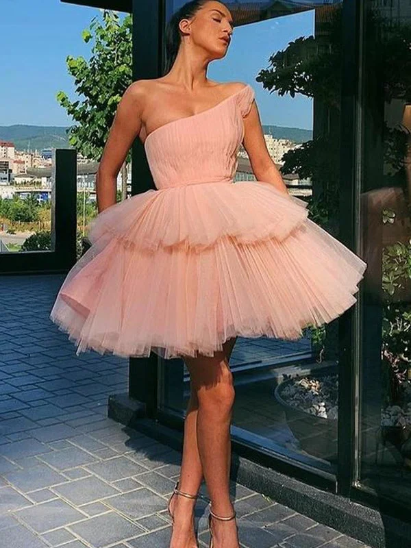 bridesmaid party dressesElegant Pink Ballet One-shoulder Ruffle Short A-line Homecoming Dress, Graduation Dress, HD3071