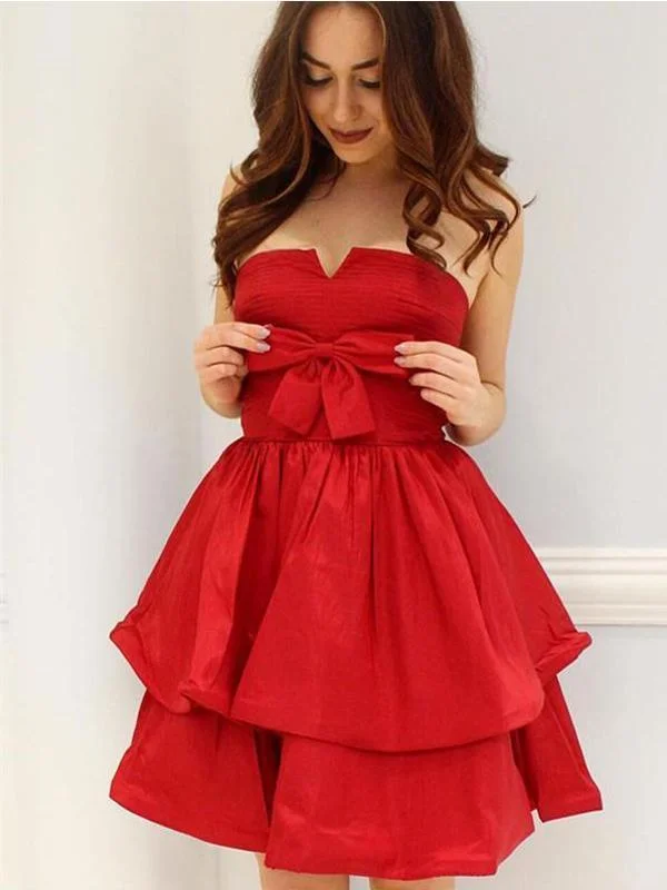 one-shoulder party dressesElegant Red Bow Simple Cheap A-line Short Homecoming Dresses, CM592