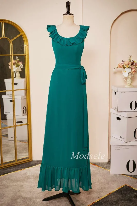 maxi dresses with lace overlaysEmerald Chiffon Sleeveless Ruffle Long Dress with Belt