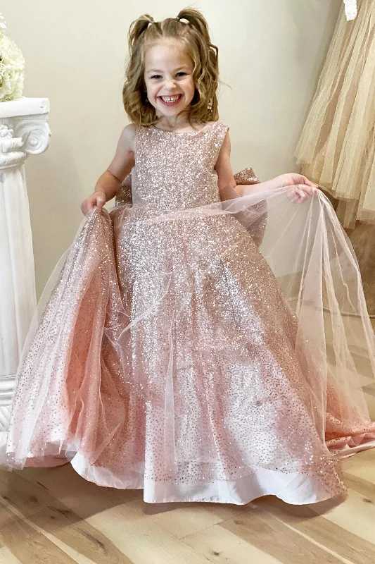 satin maxi dressesGlitter Rose Gold Bow Back Long Flower Girl Dress