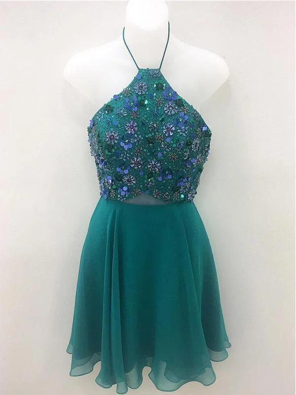 mini party dressesGreen Chiffon Beaded Cheap Short Homecoming Dresses Online, CM599