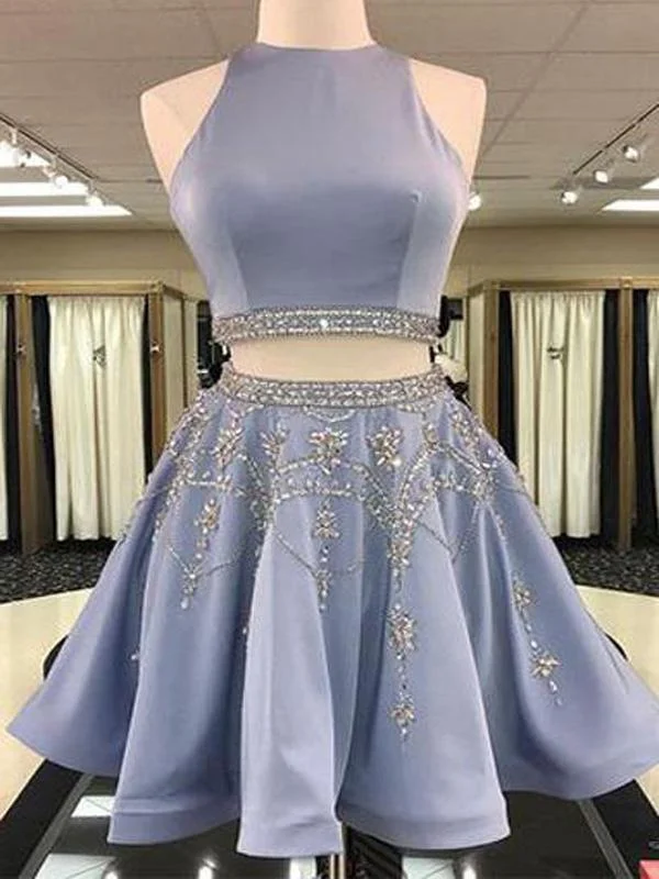 affordable luxury party dressesGrey Two Pieces Hatler Beaded Cheap Short Homecoming Dresses 2018, CM555