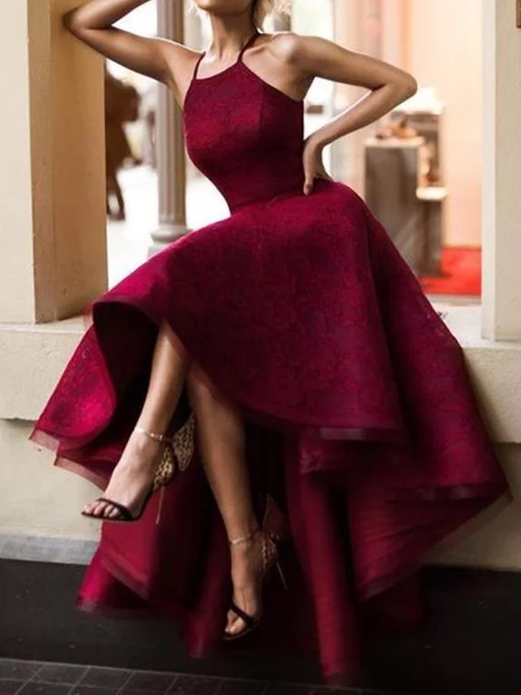 empire waist party dressesHalter Elegant High-low Burgundy Red Lace Homecoming Dresses, CM511